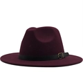 Chapeau fedora en laine bordeaux avec bandeau en cuir noir et boucle dorée - Bordeaux