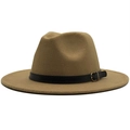 Chapeau Fedora classique en feutre de laine camel avec ruban en cuir et boucle dorée - Chameau
