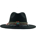 Detail of black wool fedora with ethnic woven band, turquoise stone, and grey fringe trim - Black