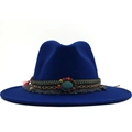 Detail of royal blue fedora hat featuring ethnic style beaded band and pink tassel detail - M (56-58cm) / Blue