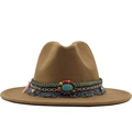 Camel wide brim fedora hat with bohemian ethnic band and turquoise stone accent - Khaki