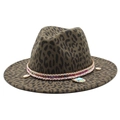 Detail of leopard print fedora with woven band, shell charms and teal gemstone pendant - M (56-59cm) / Army Green
