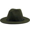 Classic dark green wool fedora hat with wide brim and black leather band decoration - M(56-58cm) / Green
