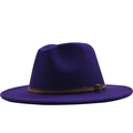 Classic dark purple wool felt jazz fedora hat with brown leather belt buckle strap - M (56-58cm) / Purple