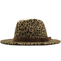 Detail of leopard print wool fedora hat with brown suede band and golden buckle - Camel