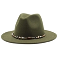 Olive green wool fedora hat with bohemian beaded band and flat wide brim - Army Green