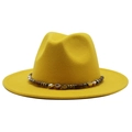 Detail of yellow wool fedora hat featuring an ethnic style beaded band and wide brim - M (55-58cm) / Yellow