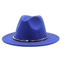 Detail of royal blue wool fedora with bohemian beaded band and wood accents - Sapphire Blue