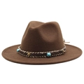 Detail of dark brown felt fedora hat featuring ethnic woven band and turquoise beads - Dark Coffee