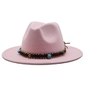 Detail of light pink wool fedora hat with ethnic turquoise beaded band and gold studs - Pink