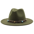 Detailed view of olive wool fedora with woven leather band and turquoise stone accents - Army Green