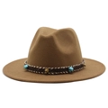 Detail of coffee wool fedora hat featuring woven band with turquoise beads and gold studs - Light Coffee