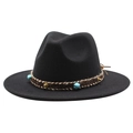 Classic black wide brim fedora hat with woven turquoise bead band and gold metal studs - M (55-58cm) / Black