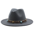 Close-up of dark grey wool fedora with bohemian braided band and turquoise bead details - Dark Gray