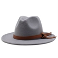 Detail of grey wool felt fedora hat featuring a brown leather decorative buckle band - Light Gray