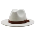 Detail of white wool fedora hat with a brown faux leather band and double stitching - M (56-58cm) / White