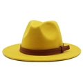Bright yellow wool felt fedora hat with brown leather band and wide brim for women - Yellow