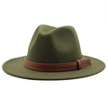 Macro view of olive wool fedora texture and brown leather strap details on brim - M (56-58cm) / Army Green