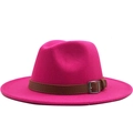 Classic rose pink wool fedora hat with a brown leather belt and silver buckle detail - M (56-58cm) / Rose Red