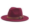 Elegant burgundy wool fedora hat featuring a brown leather band and metallic buckle - M (56-58cm) / Burgundy