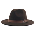 Classic dark brown wide brim wool fedora hat with brown leather belt and silver buckle - M (56-58cm) / Coffee