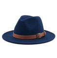 Classic dark blue wool fedora hat with a brown leather belt and metal pin buckle - M (56-58cm) / Navy Blue
