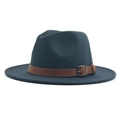 Detail of navy blue wool fedora hat featuring a brown leather band and silver buckle - M (56-58cm) / Dark Gray