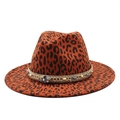 Leopard print wool fedora hat with gold chain and jewel band for men and women - M(56-59CM) / Orange Red