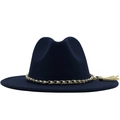 Navy blue wide-brim wool fedora hat featuring pearl chain decoration and silk tassel - M (56-58cm) / Navy Blue