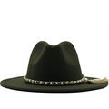 Elegante cappello fedora in lana verde scuro con catena d'oro, perle e nappa - M (56-58cm) / Verde