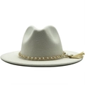 Detailed close-up of white wool fedora with gold pearl chain and elegant tassel - M (56-58cm) / White
