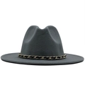 Close-up of gray wool fedora hat with gold braided chain detail and classic dented crown - M(56-58cm) / Gray
