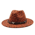 Cappello fedora in lana leopardata arancione con cinturino in pelle e teschio di toro - M (56-59cm) / Rosso Arancio