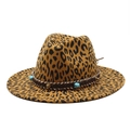Leopard print wool fedora hat with braided band and turquoise bead for men and women - M (56-59cm) / Dark Orange