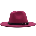 Chapeau Jazz en laine à large bord rose fuchsia avec bande décorative en cuir noir - Rose rouge