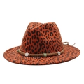 Leopard print orange wool fedora with wide brim and bohemian braided band decoration - M (56-59cm) / Orange Red