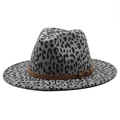Classic grey leopard print wool fedora hat with brown belted band for men and women - M (56-59cm) / Dark Gray