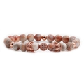 Handmade beaded bracelet with natural grey stone beads and rose gold crown charms - Red Network Double Crown Zirconia Ball Bracelet
