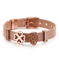 Pulsera de malla de oro rosa con trébol de cuatro hojas y dijes de rosa ajustables - Oro rosa