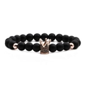Matte zwarte stenen kralenarmband met een roségouden kroonbedel met zwarte steentjes - Roségoud