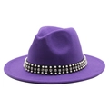 Detail of purple wool fedora hat featuring black band with pearls and rhinestones decoration - M (55-58cm) / Purple