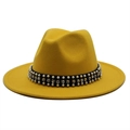 Detail of yellow fedora hat with elegant pearl and rhinestone black ribbon decoration - M (55-58cm) / Yellow
