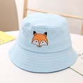 Detailed close-up of cute fox embroidery on light blue canvas baby bucket sun hat - Light Blue