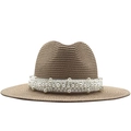 Cappello di paglia Fedora unisex con elegante fascia di perle per spiaggia e tempo libero - M (56-58cm) / Rosa