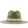 Classic straw jazz hat with white mesh band and pearl accents for beach sun protection - M (56-58cm) / Beige