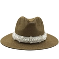 Cappello Fedora in paglia marrone con elegante fascia di perle bianche per l'estate - M (56-58cm) / Cachi