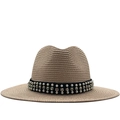 Sombrero de paja para mujer con cinta negra y adorno de perlas y diamantes de imitación - M(56-58cm) / Rosa