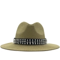 Women's Fedora straw sun hat with black ribbon, white pearls and sparkling rhinestones - M(56-58cm) / Beige
