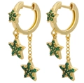 Orecchini a cerchio dorati con tre stelle di zircone verde pendenti su catenine - Placcato Oro - Zirconia Verde