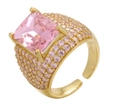 Adjustable gold ring featuring a large rectangular pink gemstone with micro-pave accents - Adjustable Open / Gold-Pink Zirconia
